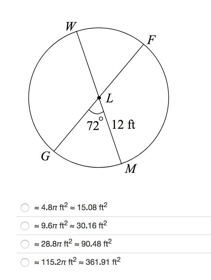 Identify the area of sector GLM in terms of π and rounded to the nearest hundredth-example-1