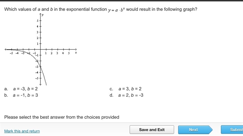 Please help!! Which values of a and b in the exponential function y=a*b^x would result-example-1