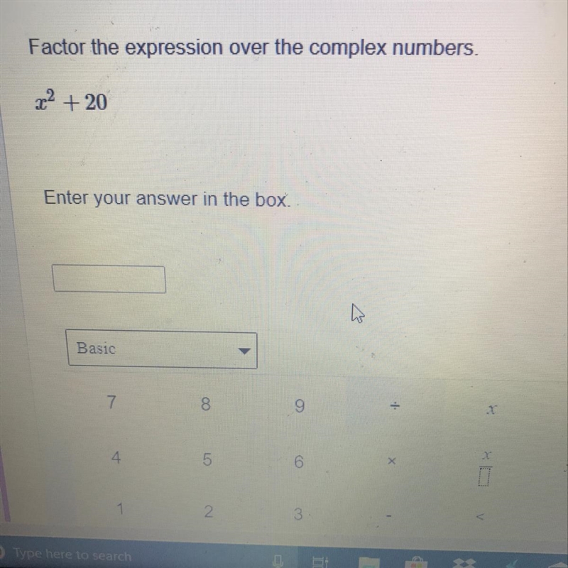 Factor the expression over the complex numbers x^2+20-example-1