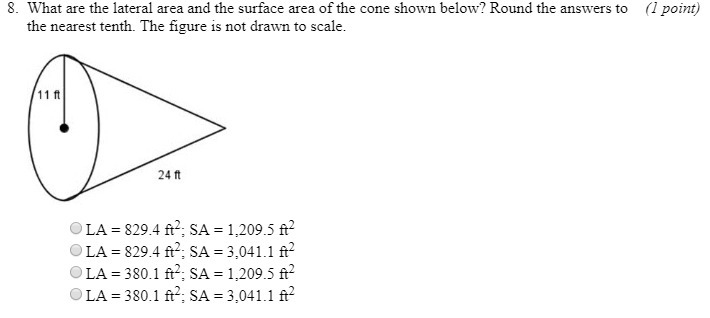 What are the lateral area of the cone shown below? Round the answers to the nearest-example-1