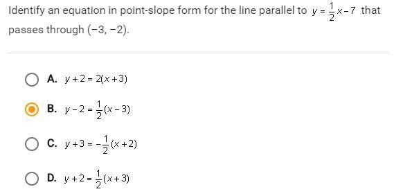 Identify the equation in point slope form for the line parallel to y=1/2x-7 that passes-example-1