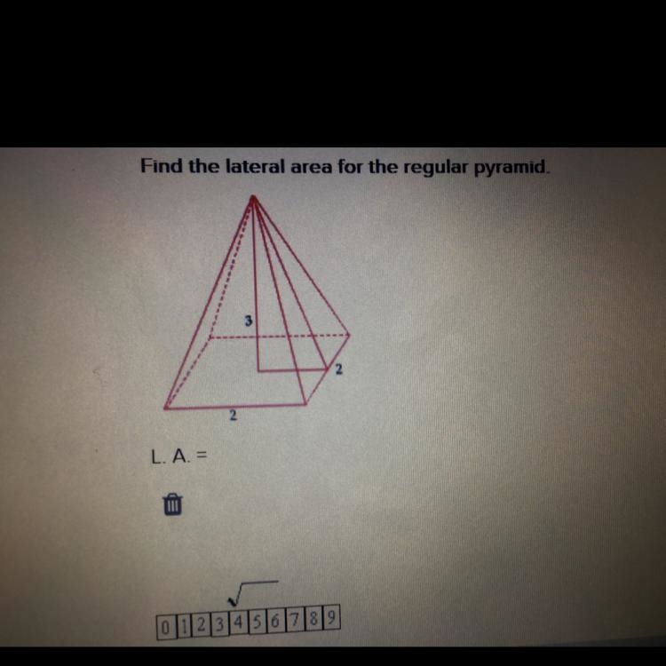 Find the lateral area for the regular pyramid?? L.A. fill in the blanks.-example-1