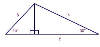 Find the value of x and y. ( ANSWER NEEDS TO BE IN REDUCED RADICAL FORM )-example-1