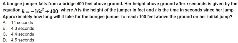 A bungee jumper falls from a bridge 400 feet above ground. Her height above ground-example-1