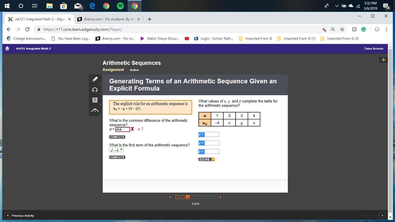 What values of x, y, and z complete the table for the arithmetic sequence? n: 1 2 3 4 an-example-1