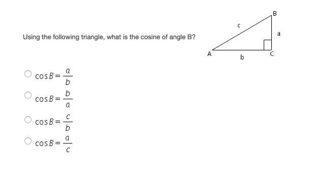 Using the following triangle, what is the cosine of angle B?-example-1