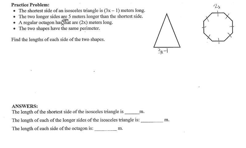 Equation Applications: 2 Shapes, Same Perimeter, I need help on all questions!-example-1