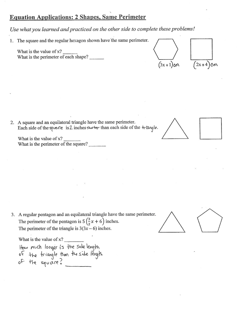 Equation Applications: 2 Shapes, Same Perimeter, I need help on all questions!-example-2