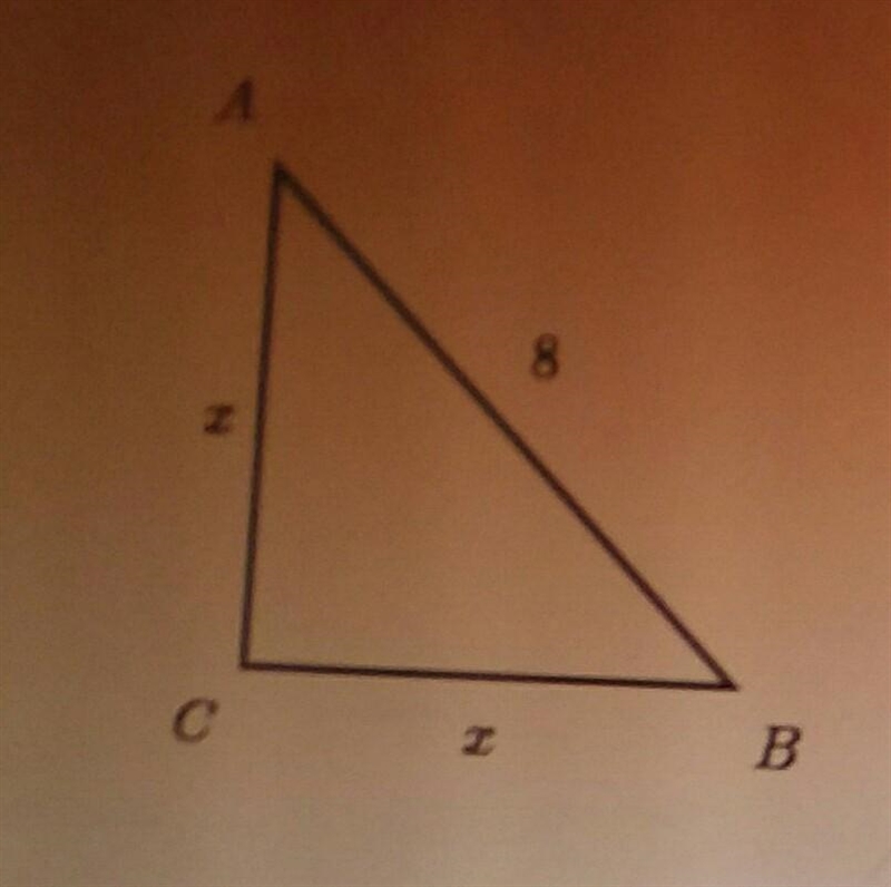 In the right triangle shown, AC=BC and AB=8 How long are each of the legs? Answer-example-1