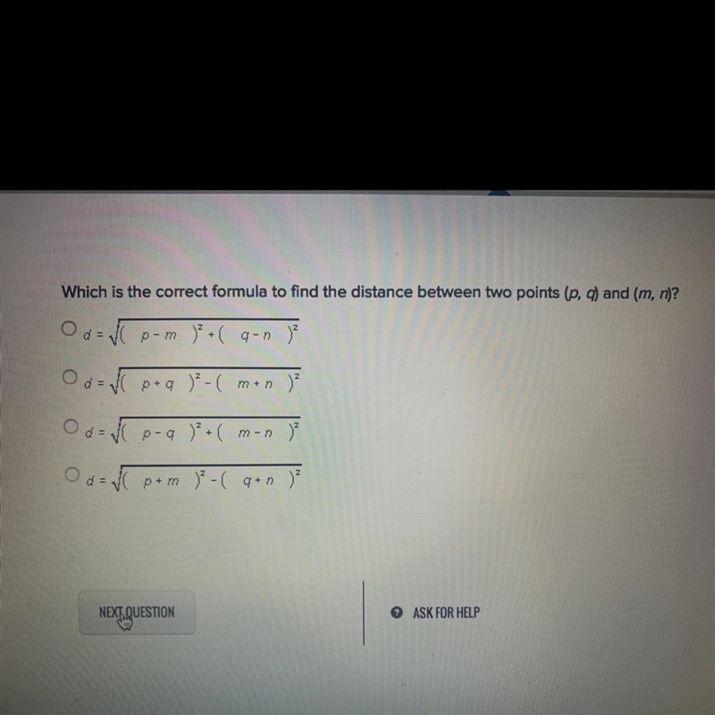 Which is the correct formula to find the distance between two points (p,q) and (m-example-1