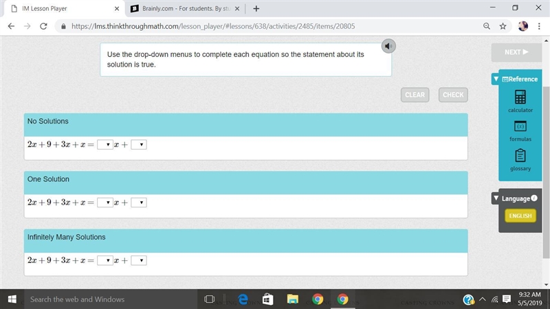 Use the drop-down menus to complete each equation so the statement about its solution-example-1