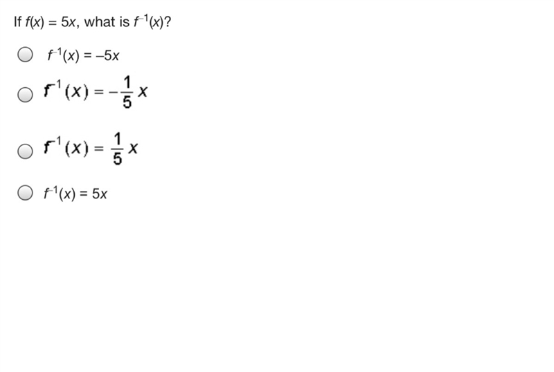 If f(x) = 5x, what is f–1(x)?-example-1