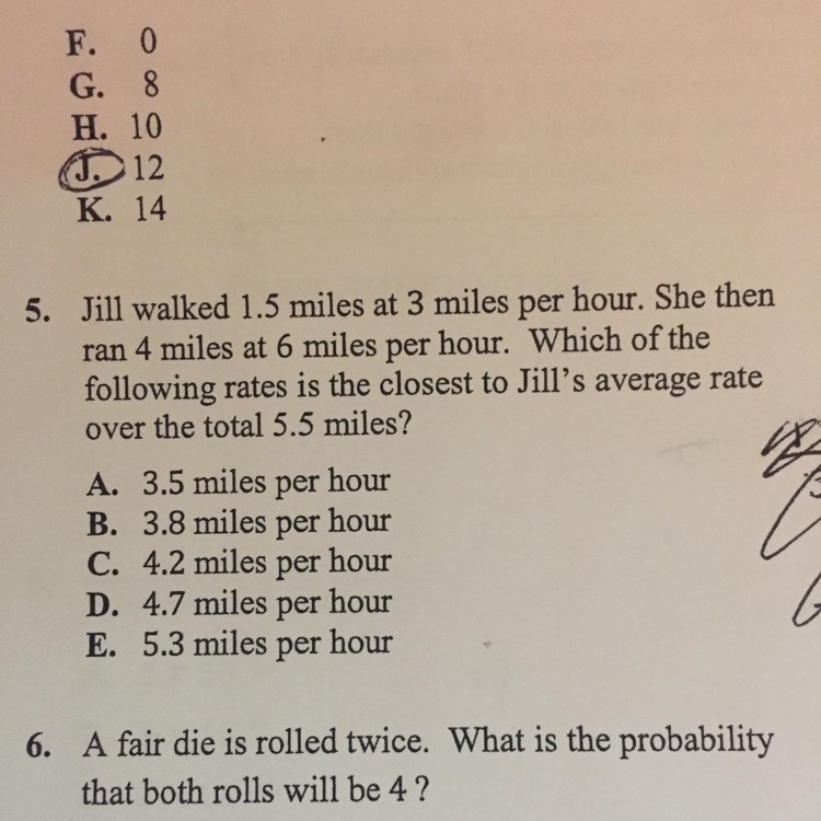 Jill walked 1.5 miles at 3 miles per hour. She then ran 4 miles at 6 miles per hour-example-1