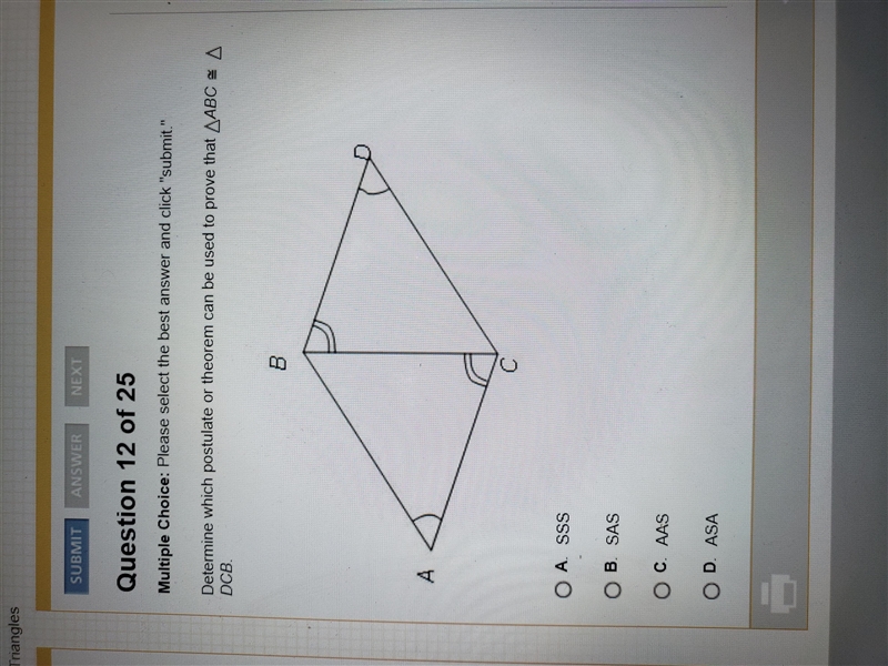 Determine which postulate or theorem can be used to prove that ΔABC ≅ ΔDCB. tyvm!-example-1