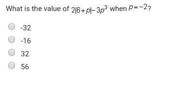 What is the value of 2|6+p|-3p^3 when p = -2 ? -32 -16 32 56-example-1