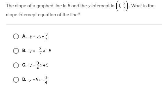 the slope of a graphed line is 5 and the y-intercept is (0,3/4), what is the slope-example-1