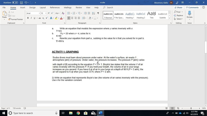 2) Write an equation that represents Boyle’s law (the volume of air varies inversely-example-1