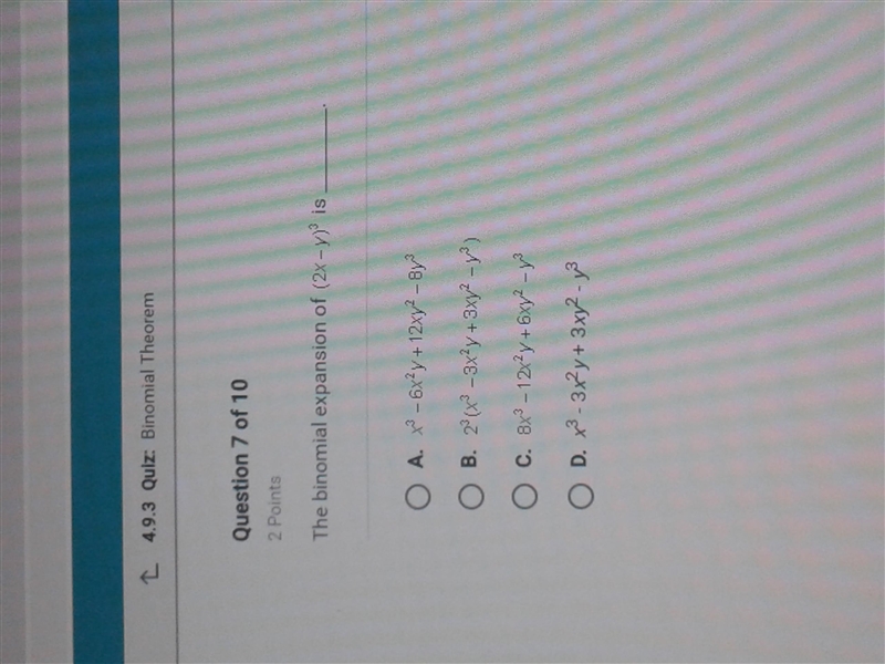 The binomial expansion of (2x-y)^3 is _________.-example-1