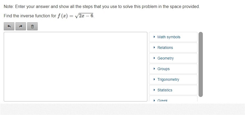 Find the inverse function for f(x)=sqrt2x-6 picture below-example-1