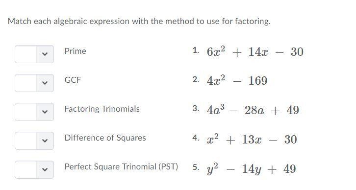 Match each algebraic expression with the method to use for factoring.-example-1