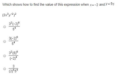 Which shows how to find the value of this expression when x=-2 and y=5? (3x^3y^-2)^2-example-1