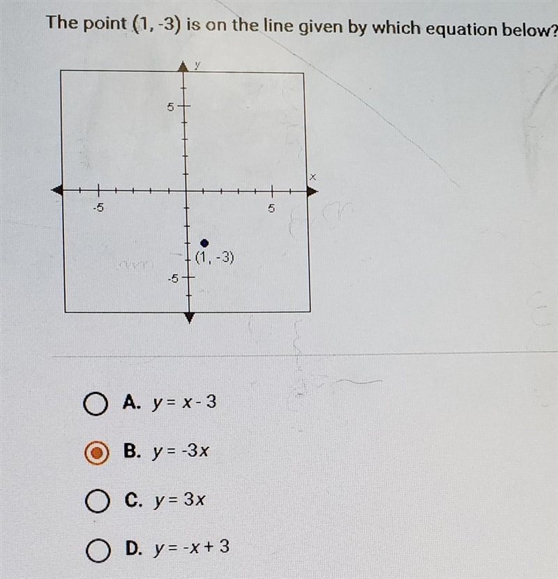 The point (1, - 3) is on the line given by which equation below?​-example-1