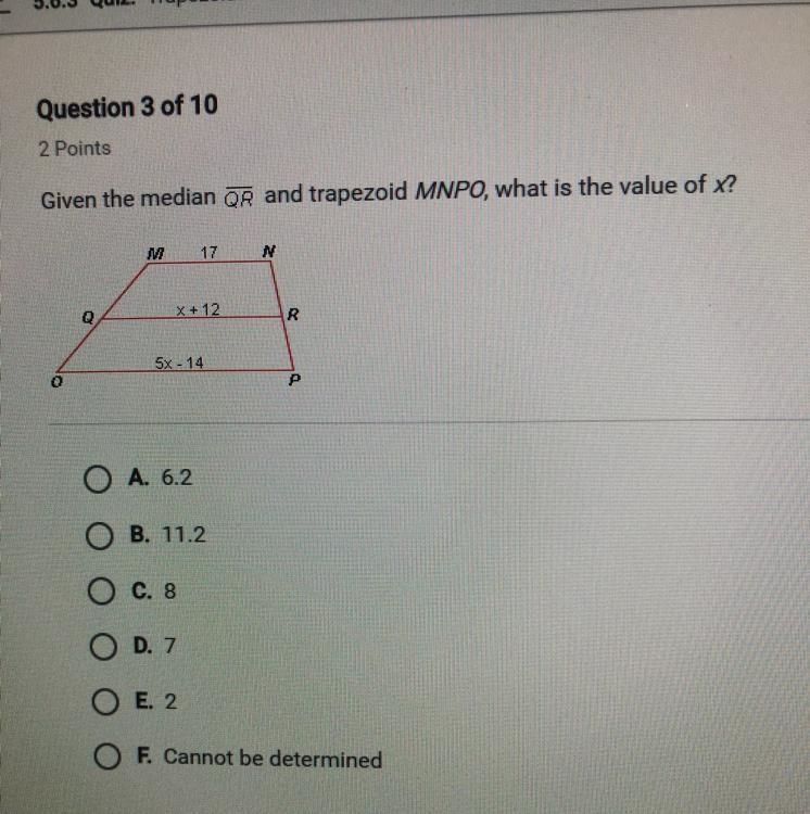 Given the median QR and trapezoid MNPO, what is the value of x?-example-1