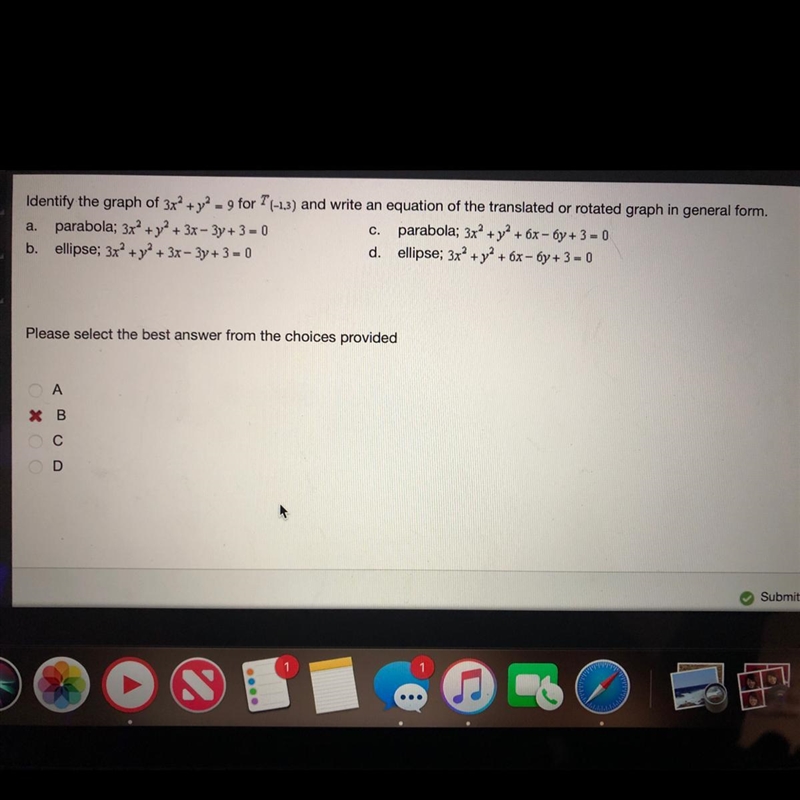 Identify the graph of 3x^2+y^2=9 for T(-1,3) and write an equation of the translated-example-1