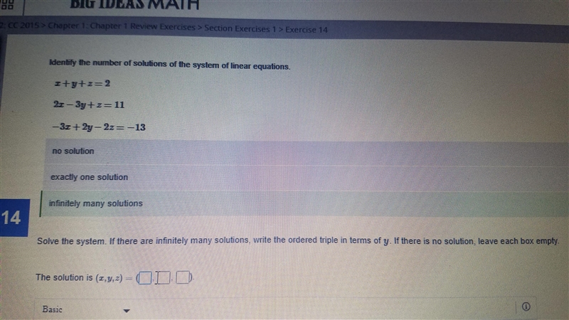 Identify the number of solutions of the system of linear equations.-example-1