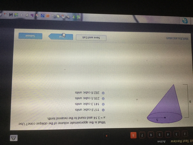 What is the approximate volume of the oblique cone? Use TTX =3.14 and round to the-example-1