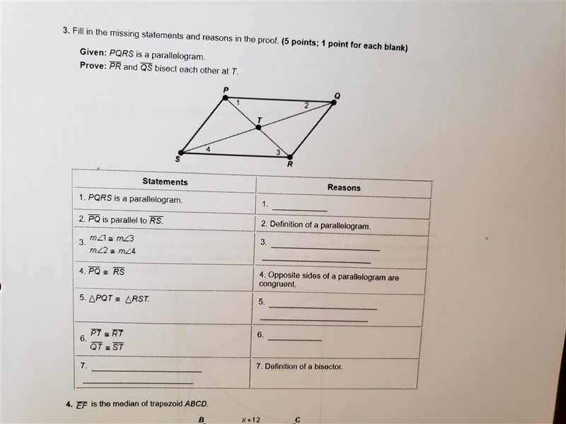 Given: PQRS is a parallelogram Prove: PR and QS bisect each other at T-example-1