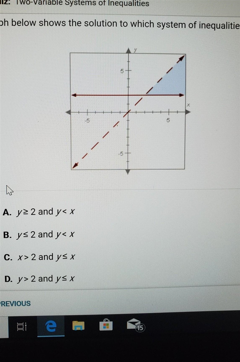 The graph below shows the solution to which system of inequalities​-example-1