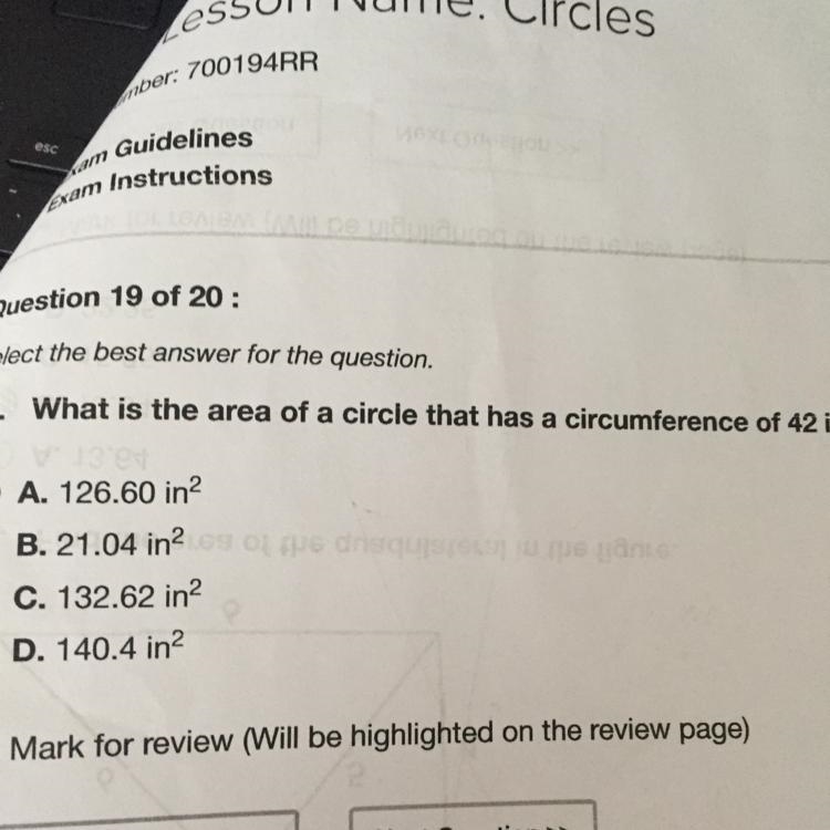 What is the area of a circle that has a circumference of 42 inches ?-example-1