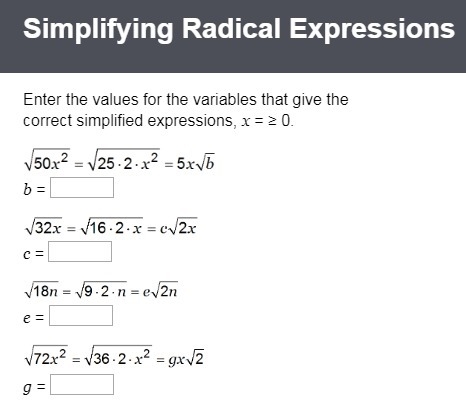 Enter the values for the variables that give the correct simplified expressions, x-example-1