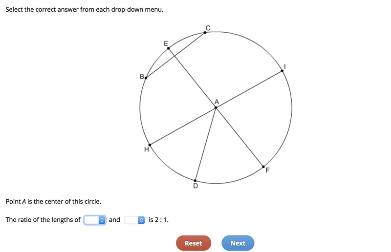 Select the correct answer from each drop-down menu. Point A is the center of this-example-1