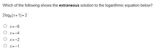 Which of the following shows the extraneous solution to the logarithmic equation below-example-1