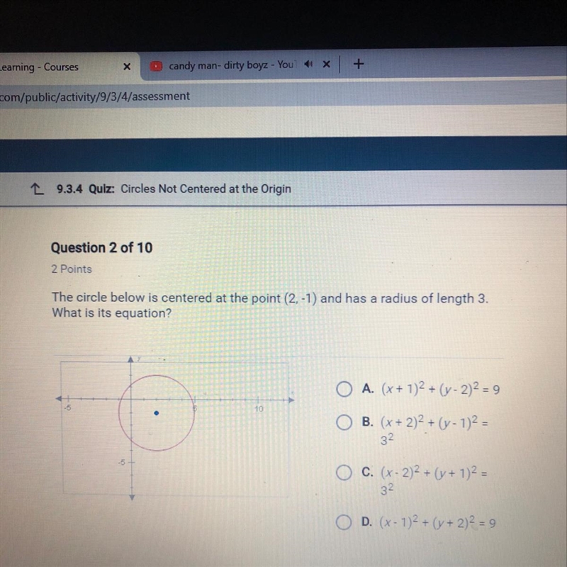 The circle below is centred at point (2,-1) and has a radius of length 3 what is its-example-1