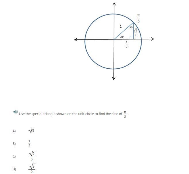 Use the special triangle shown on the unit circle to find the sine of π/3.-example-1