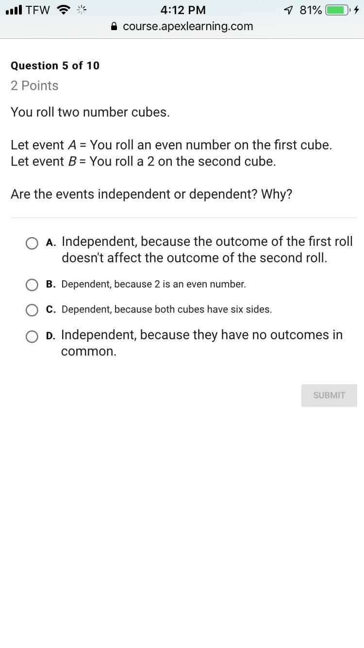 Are the events independent or dependent? why?-example-1