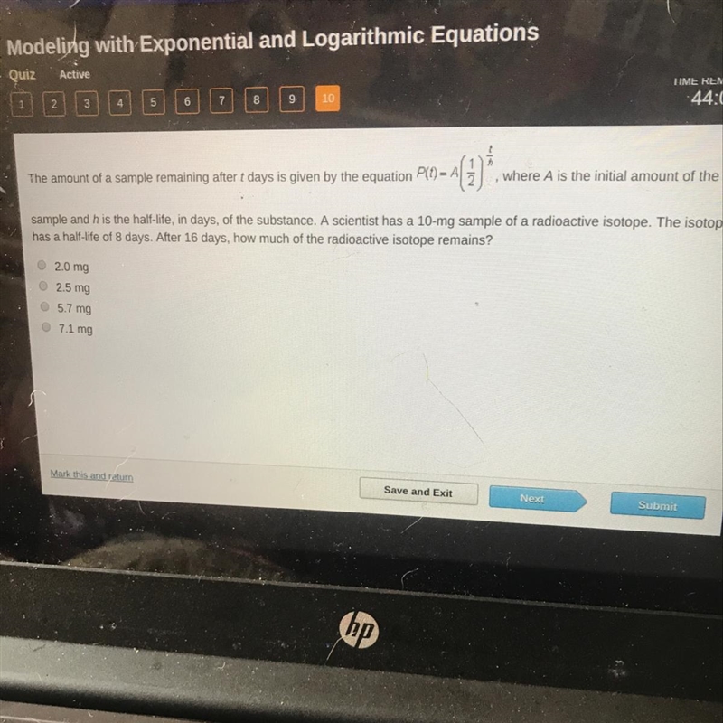 The amount of a sample remaining after t days is given by the equation P(t)=A(1/2)^t-example-1