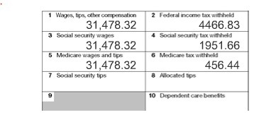 Part of a W-2 is shown. How much federal income tax was withheld? $31,478,32 $4466.83 $1951.66 $456.44-example-1