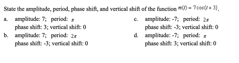 State the amplitude, period, phase shift, and vertical shift of the function m(t)= 7 cos-example-1