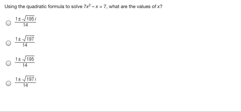 Using the quadratic formula to solve 7x2 – x = 7, what are the values of x?-example-1