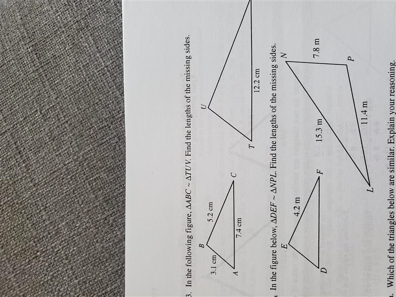 In the following figure, angle ABC roughly equals angle TUV find the lengths of missing-example-1