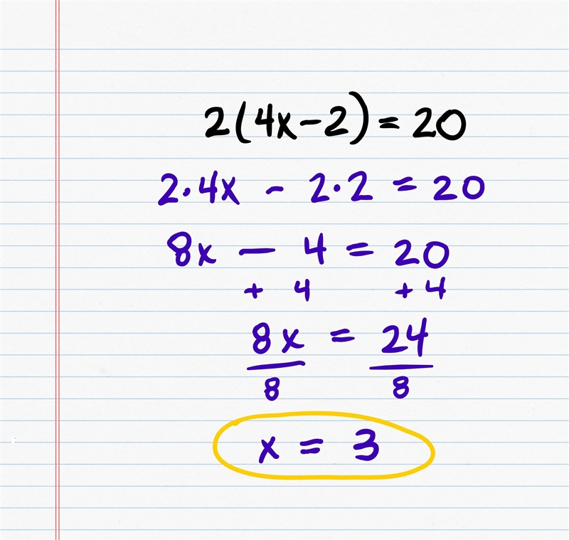 Multiple choice Brad needs to solve the equation 2(4x-2)=20 His solution is shown-example-1