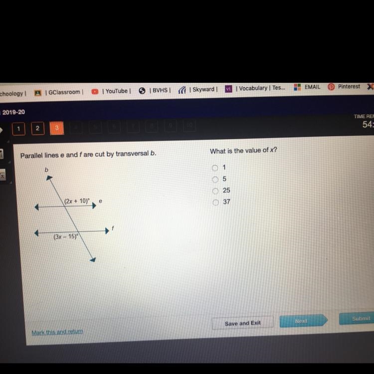 Parallel lines e and f are cut by transversal b what is the value of x?-example-1