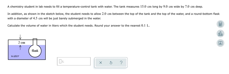 ((40 possible points)) Calculate the volume of water in liters-example-1