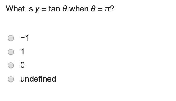 What is y = tan θ when θ = π?-example-1