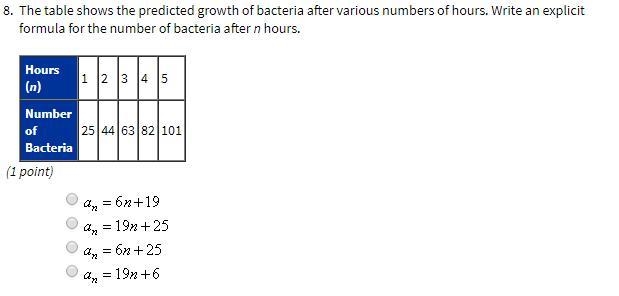 The table shows the predicted growth of bacteria after various numbers of hours. Write-example-1