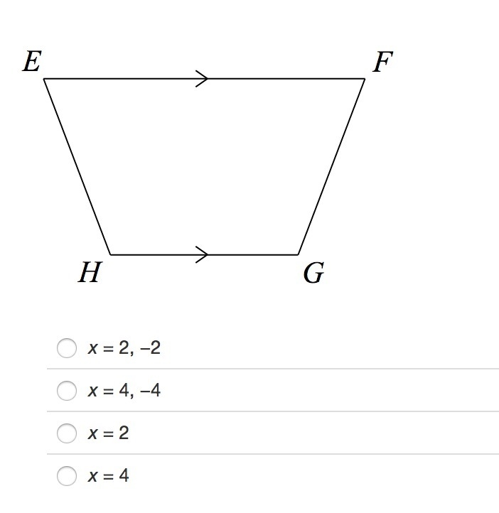 In trapezoid EFGH, m∠HEF=(4x2+16)∘ and m∠GFE=(5x2+12)∘. Find the value of x so that-example-1